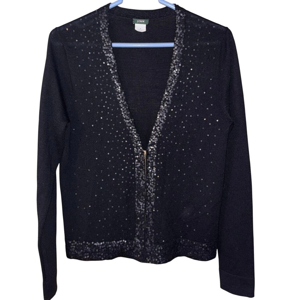J.Crew women’s black 100% merino wool full-zip sequin cardigan (medium)